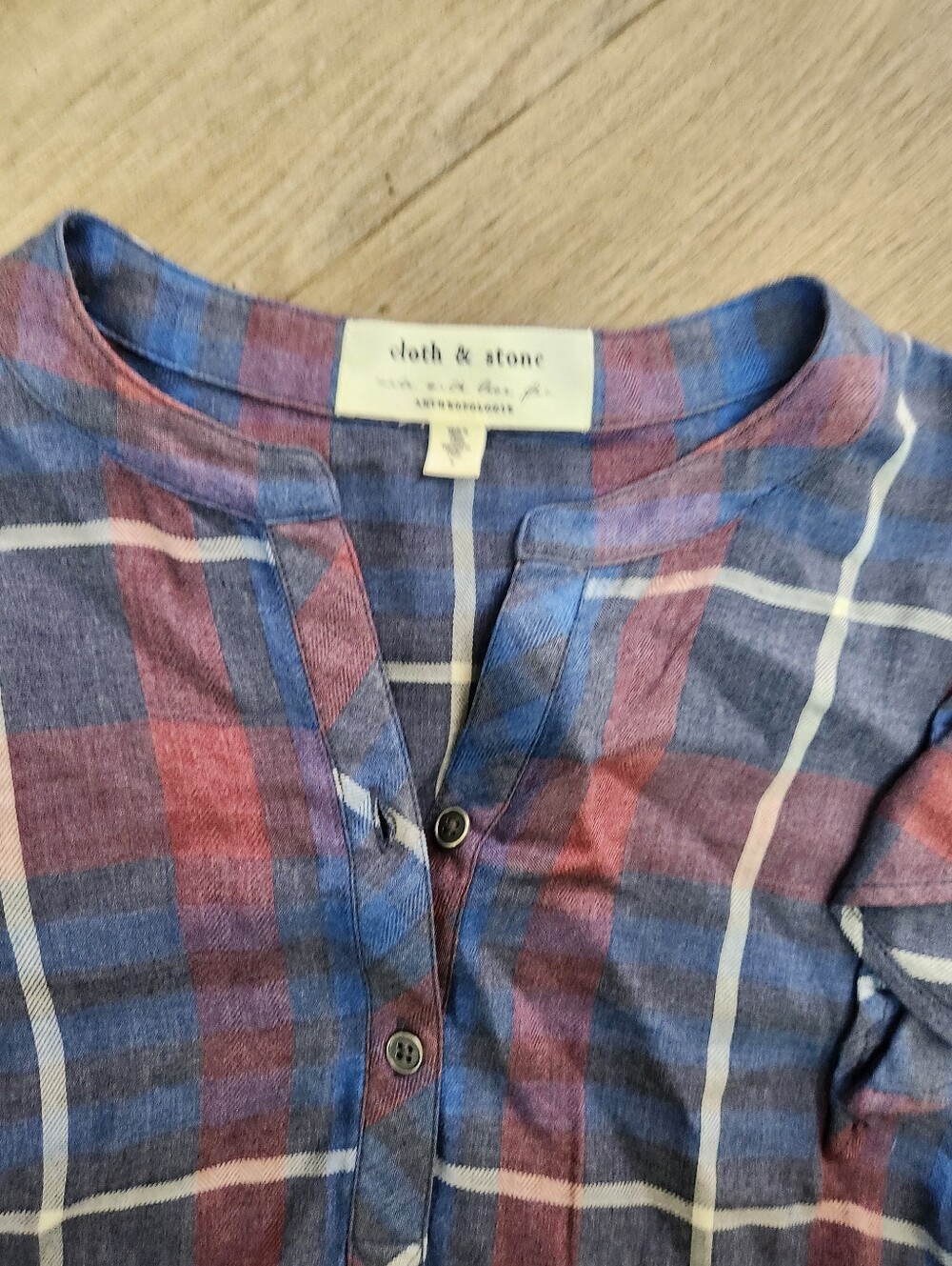 Cloth & Stone Anthropologie Plaid Split Neck Ruffle Shoulder Tunic Shirt Dress